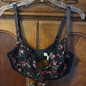 Cacique Black Bra with Red and Pink Floral Embroidery